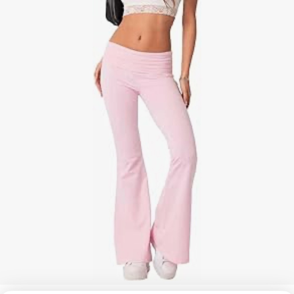 baby pink y2k fold over top yoga pants ankle length leggings bell bottom flared